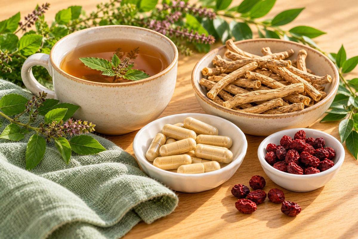 A calm scene with a cup of tulsi tea, dried ashwagandha root, a few red schisandra berries and a small dish of plain capsules