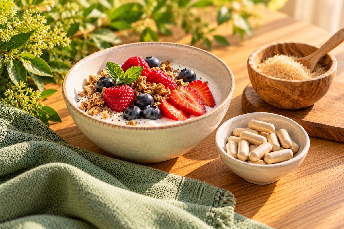 A bowl of plain yogurt with berries next to a sugar bowl pushed aside and a dish of plain capsules