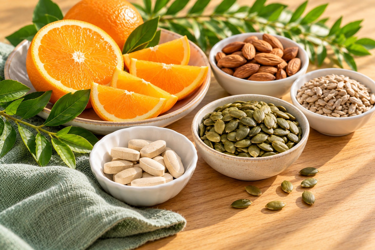 Antioxidant foods: sliced oranges, a handful of almonds and sunflower seeds, pumpkin seeds and a small dish of plain tablets