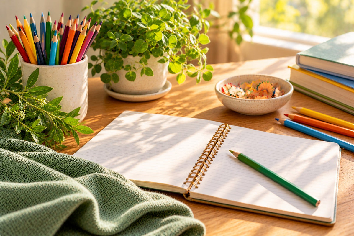 A child's school desk with colored pencils, an open notebook and a small plant, in calm morning light