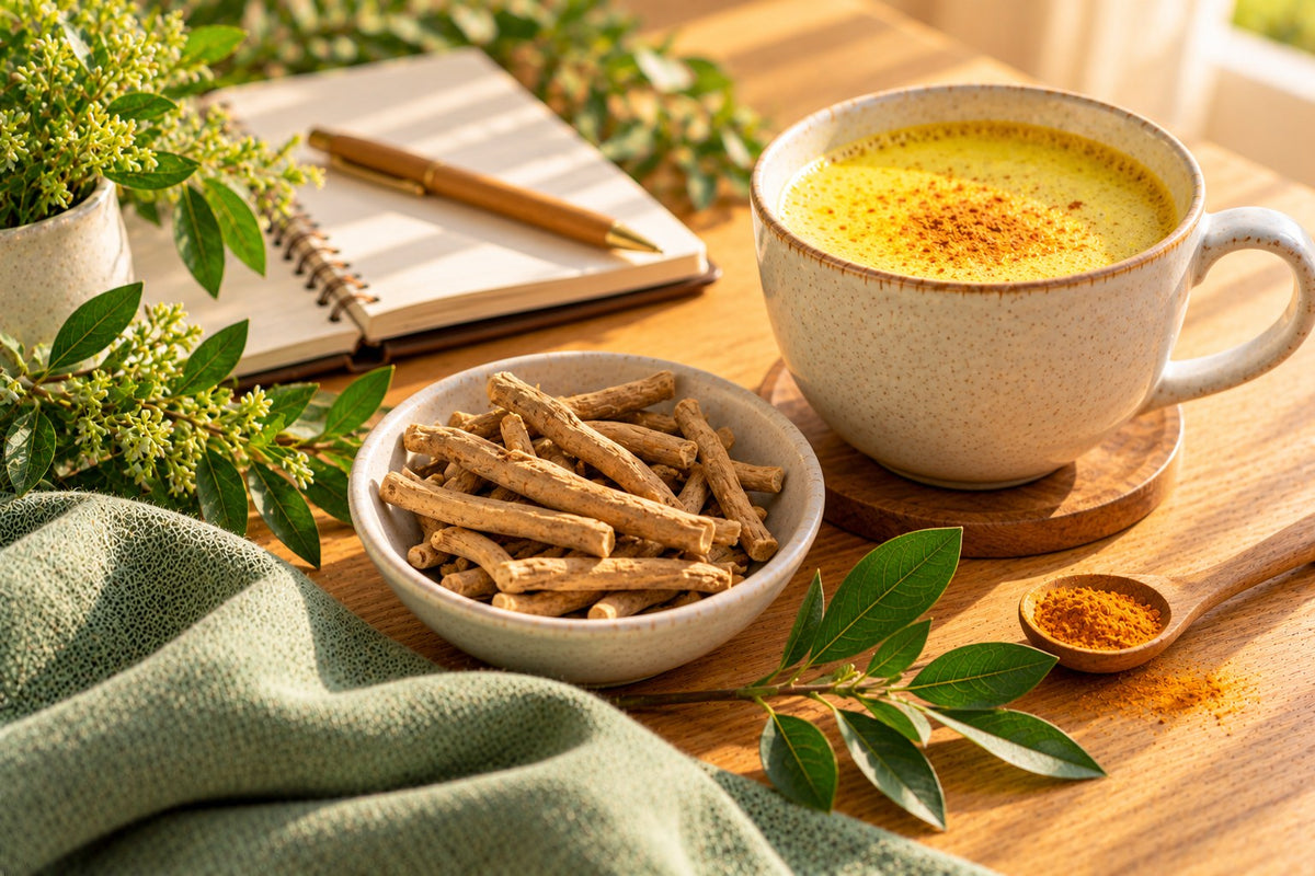 Dried ashwagandha roots and a cup of warm golden milk beside a journal and a sprig of greenery