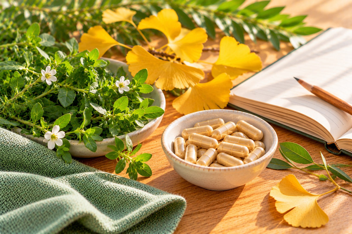 Fresh bacopa leaves and golden ginkgo leaves beside an open notebook, a pencil and a dish of plain capsules