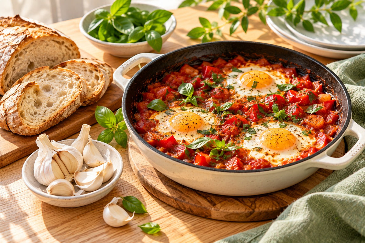 Eggs baked in tomato and red pepper sauce in a skillet with basil, garlic and crusty bread