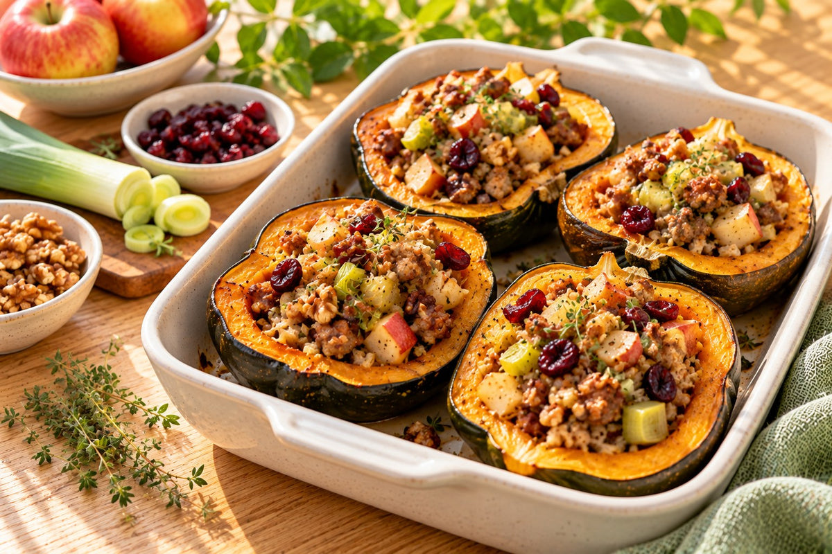 Acorn squash halves filled with sausage, apple, cranberry and walnut stuffing in a baking dish