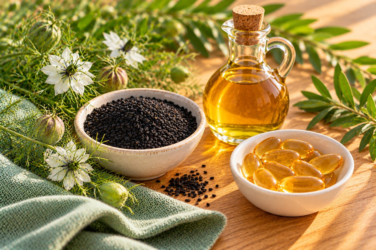 A small bowl of black nigella seeds beside a small glass bottle of golden oil and a dish of softgels