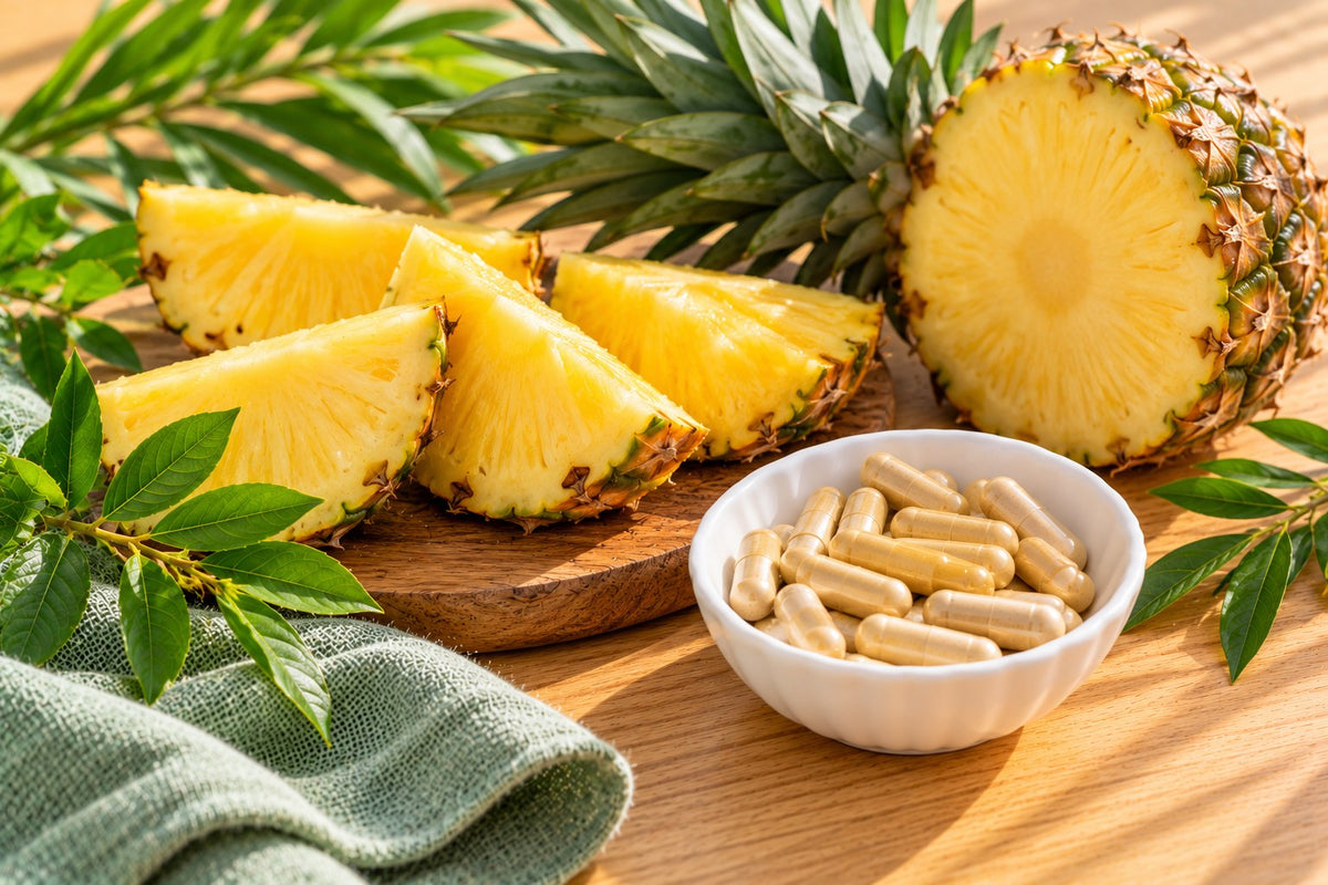 Fresh pineapple slices and a cut pineapple top beside a small dish of plain capsules