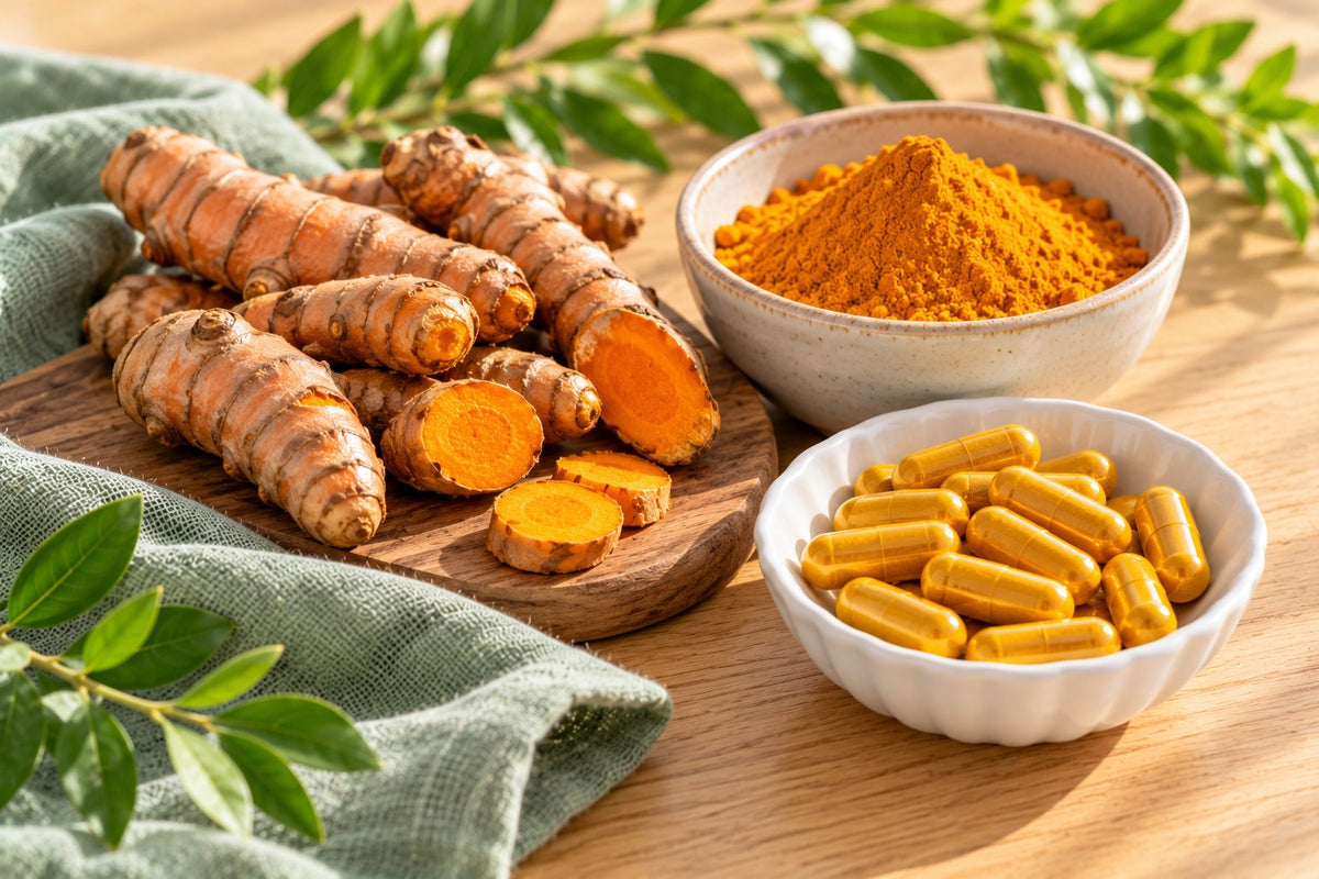 Fresh turmeric roots, a small bowl of bright orange turmeric powder and a dish of plain golden capsules