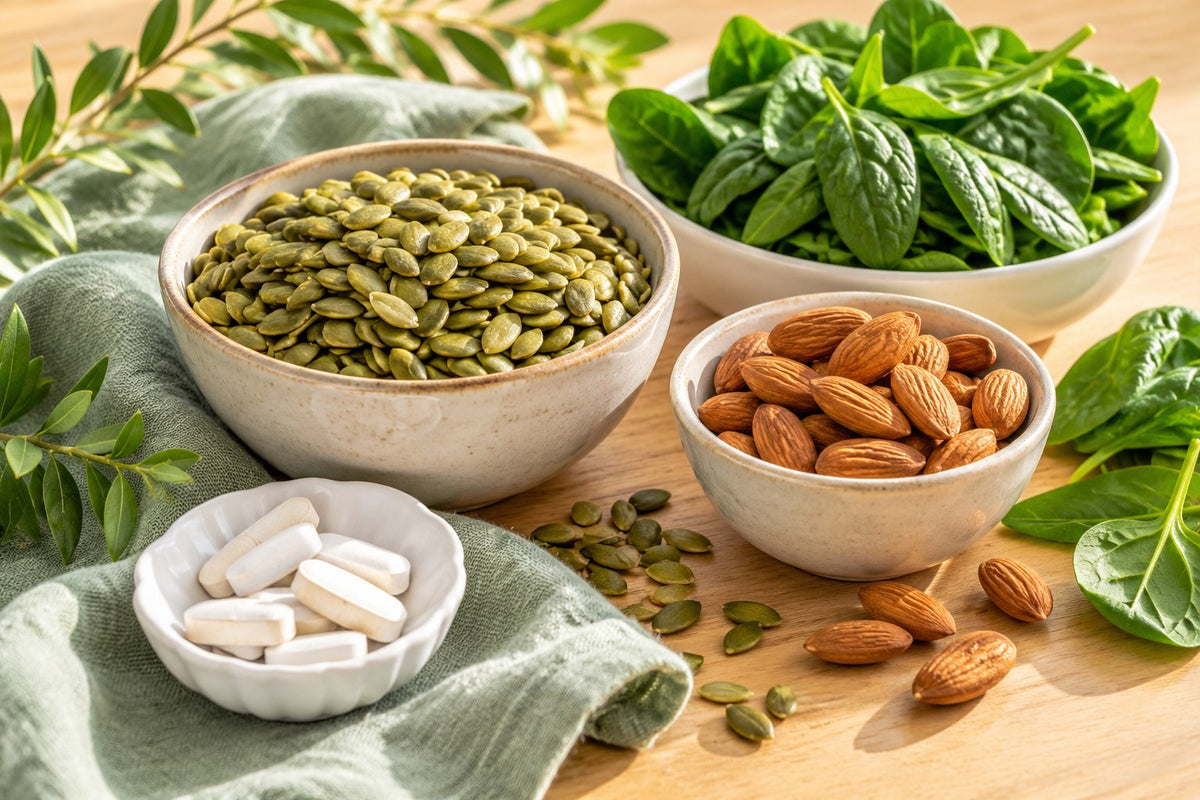 Magnesium-rich foods: a bowl of pumpkin seeds, a small dish of almonds, fresh spinach leaves and a small white dish of plain tablets