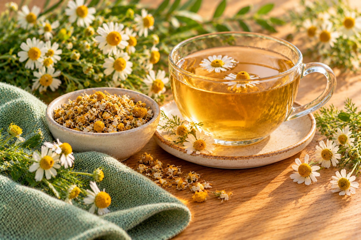 A glass cup of chamomile tea with fresh chamomile flowers scattered around it
