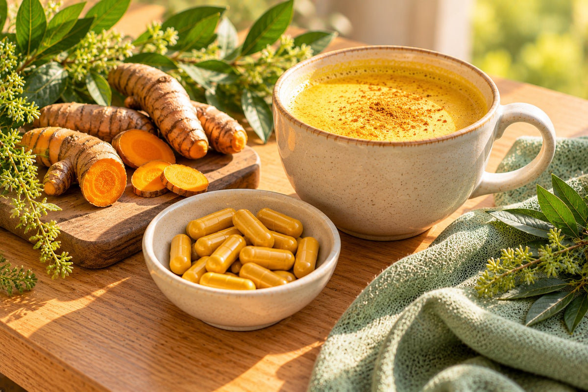 A cup of golden turmeric latte, fresh turmeric roots and a dish of plain golden capsules