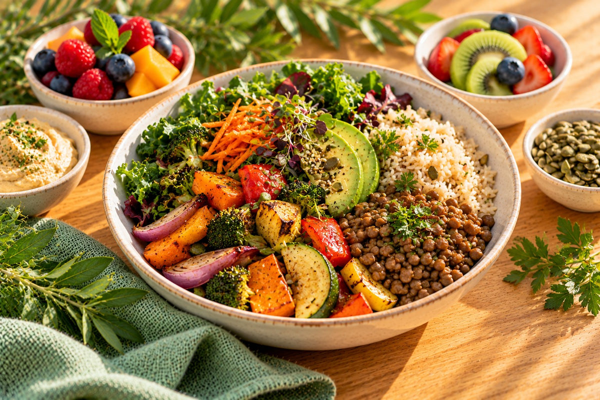 A generous colorful vegan meal: a big bowl of lentils, roasted vegetables, brown rice, greens and fresh fruit