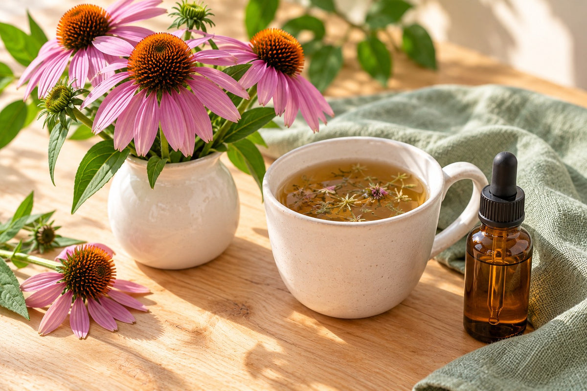 Purple echinacea coneflowers in a small white vase beside a mug of herbal tea and a small amber dropper bottle