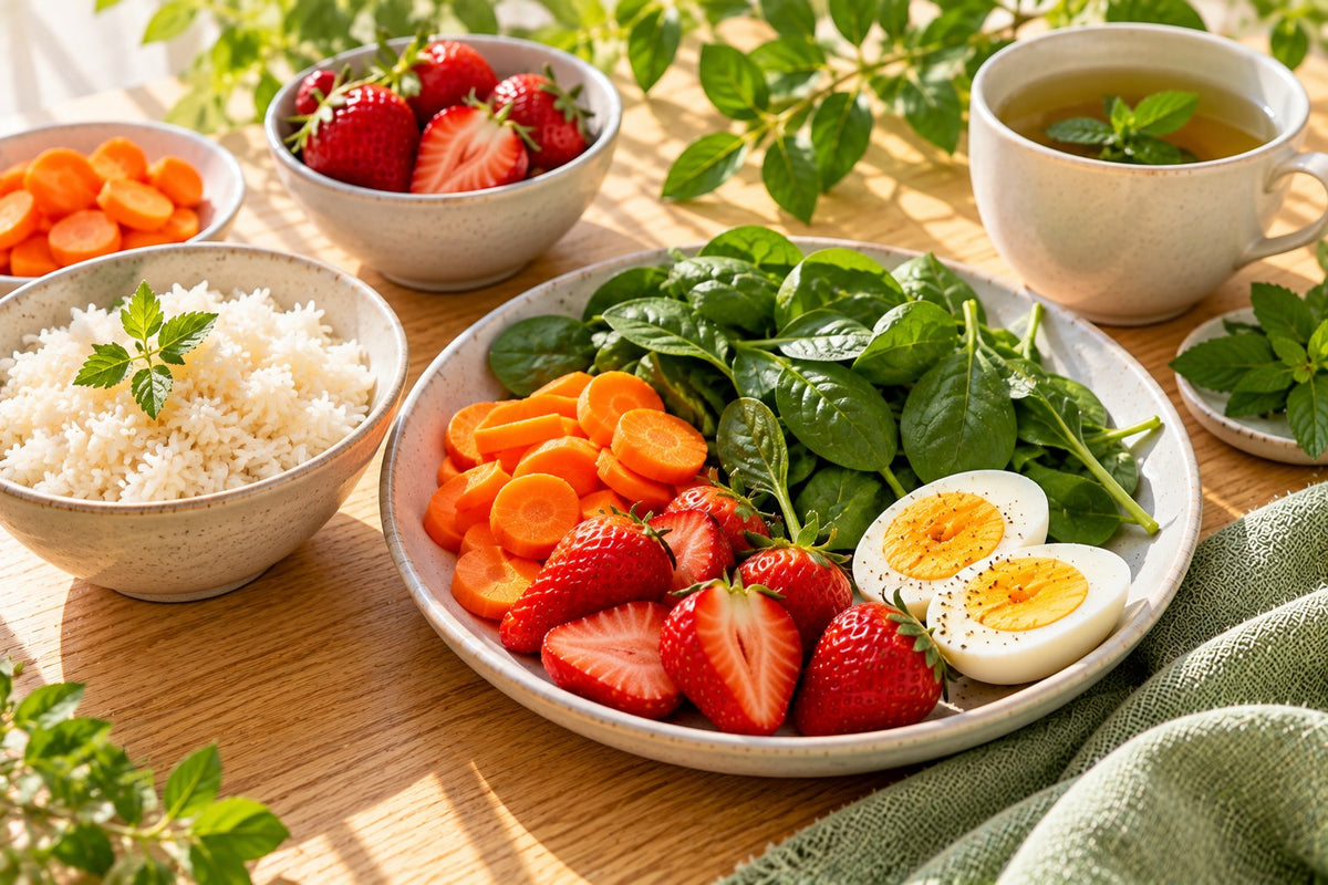 White rice, carrots, strawberries, spinach, a boiled egg and peppermint tea on a wood table