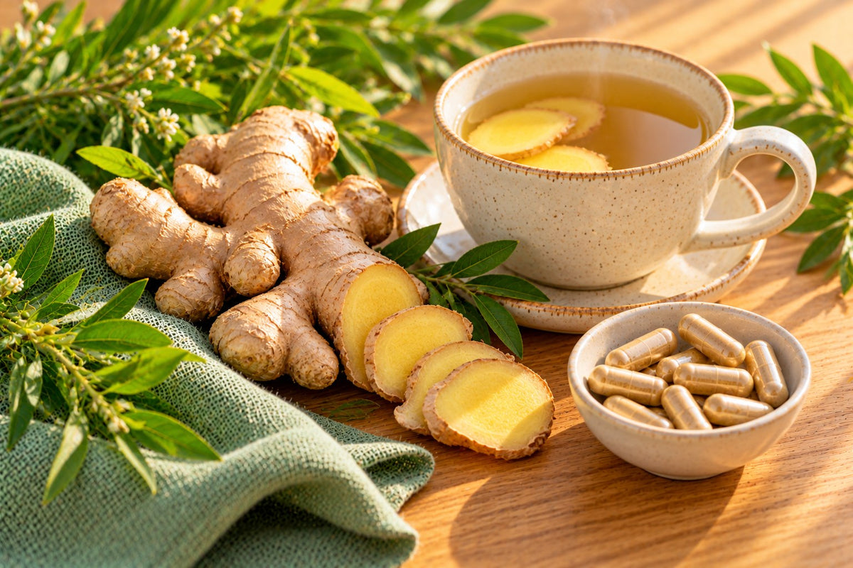Fresh ginger root, sliced ginger in a cup of hot tea and a small dish of plain capsules