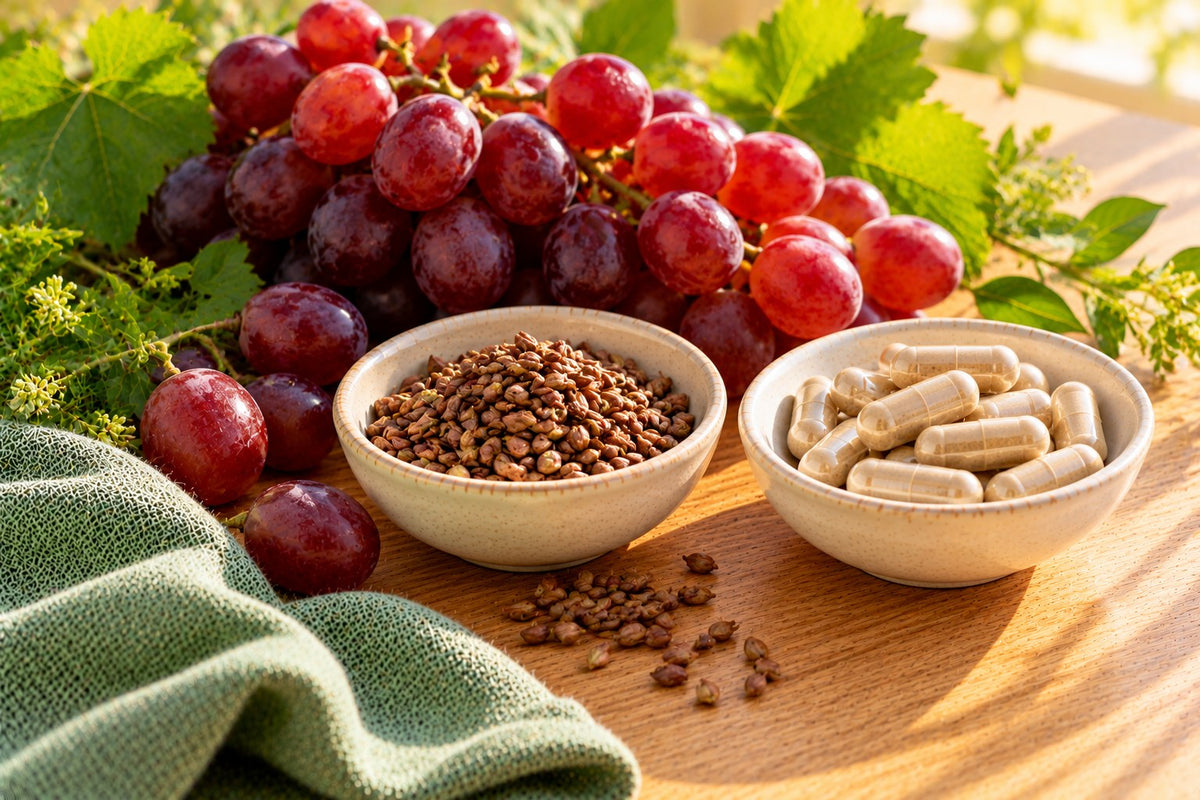 A bunch of red grapes, a small bowl of grape seeds and a dish of plain capsules