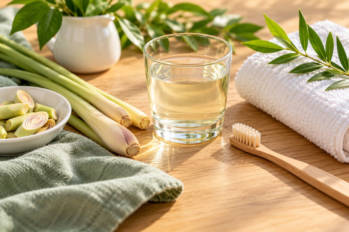 A small glass of clear herbal mouthwash beside fresh lemongrass stalks, a wooden toothbrush and a folded white hand towel