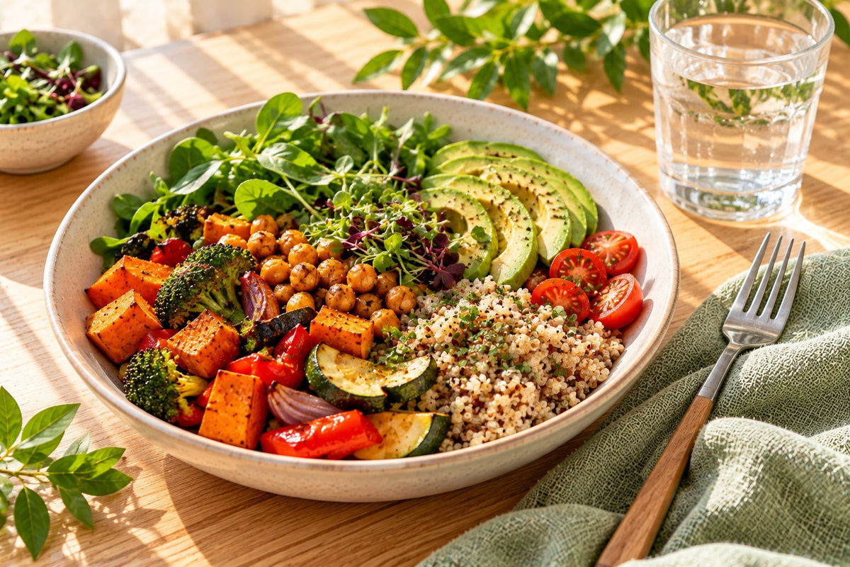 A colorful bowl of grains, roasted vegetables, avocado and greens with a fork and water