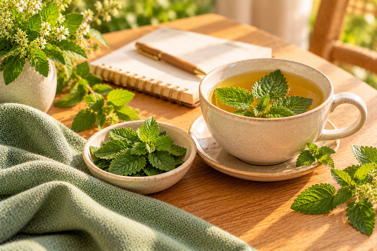 Fresh lemon balm leaves in a cup of herbal tea beside a notebook on a desk