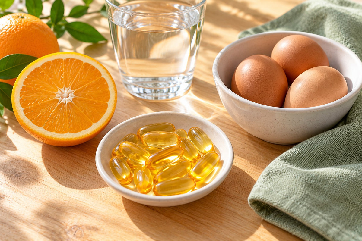 A white dish of golden soft-gel capsules beside a halved orange, a glass of water and brown eggs in morning sunlight