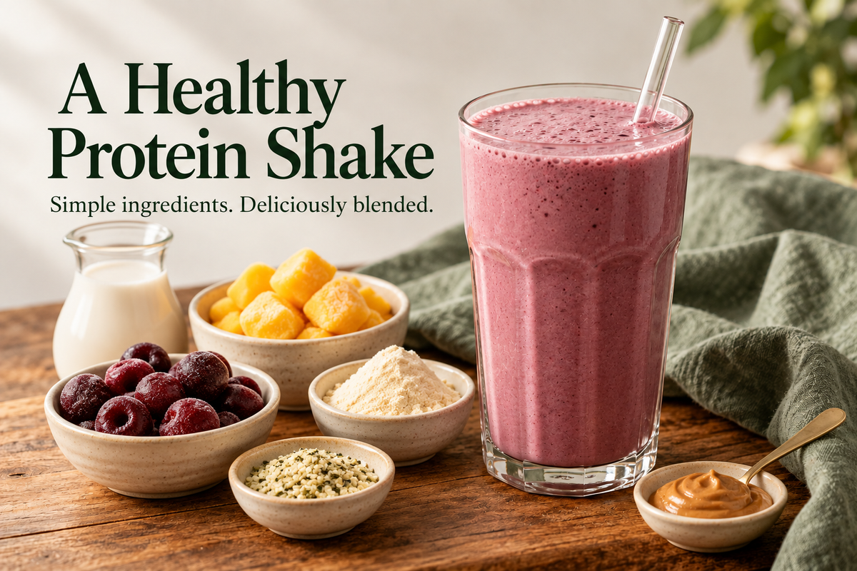 Mango cherry protein shake with frozen mango, cherries, protein powder, hemp hearts, almond milk and peanut butter