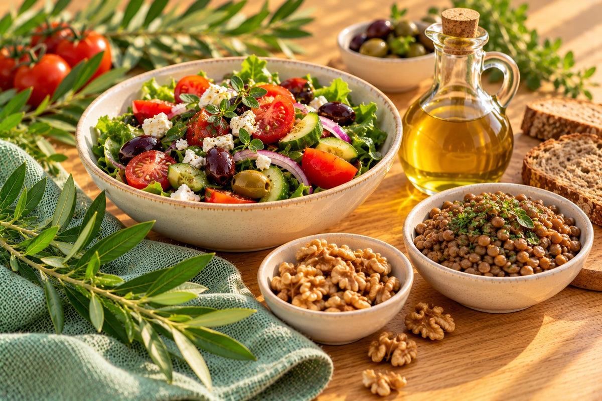 A Mediterranean spread: a bowl of salad with tomatoes and olives, a small bottle of olive oil, walnuts, a bowl of lentils and whole grain bread