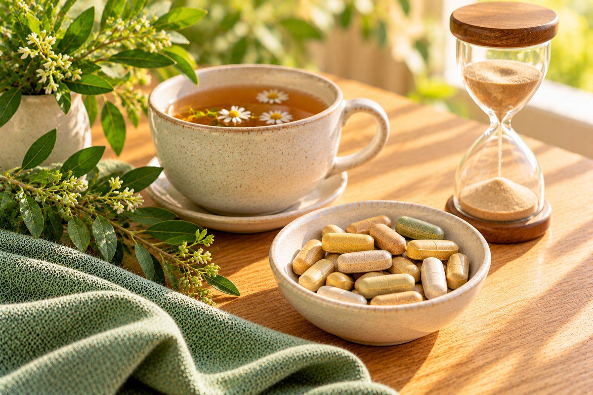 A small dish of plain multivitamin tablets beside a cup of tea, an hourglass and a sprig of greenery