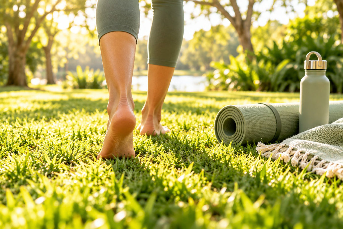 Bare feet walking on green grass in a sunny park beside a yoga mat and water bottle