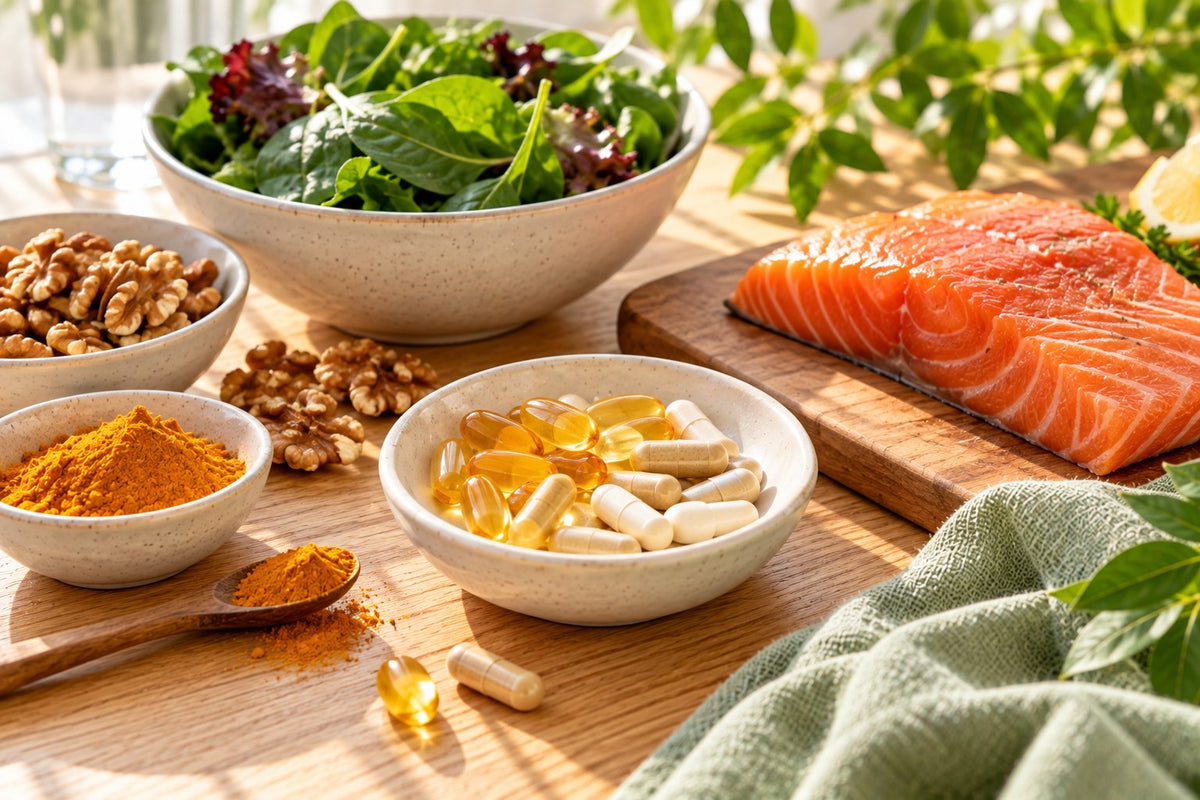 Softgels and capsules beside leafy greens, salmon, walnuts and ground turmeric