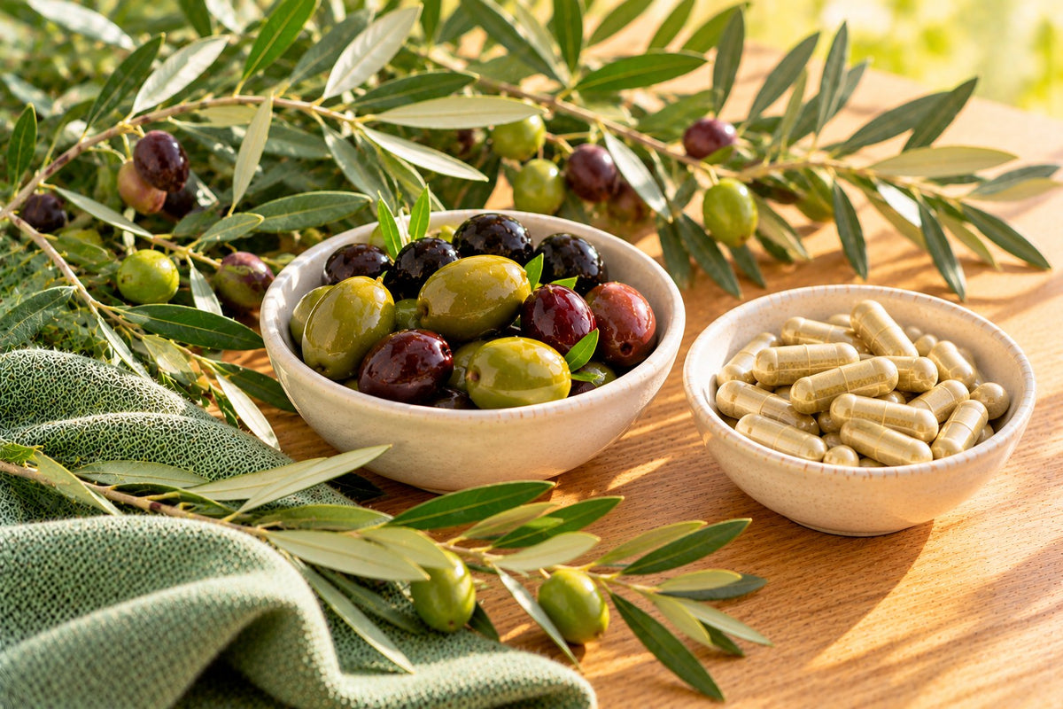 Fresh olive branches with silvery leaves, a small bowl of olives and a dish of plain capsules