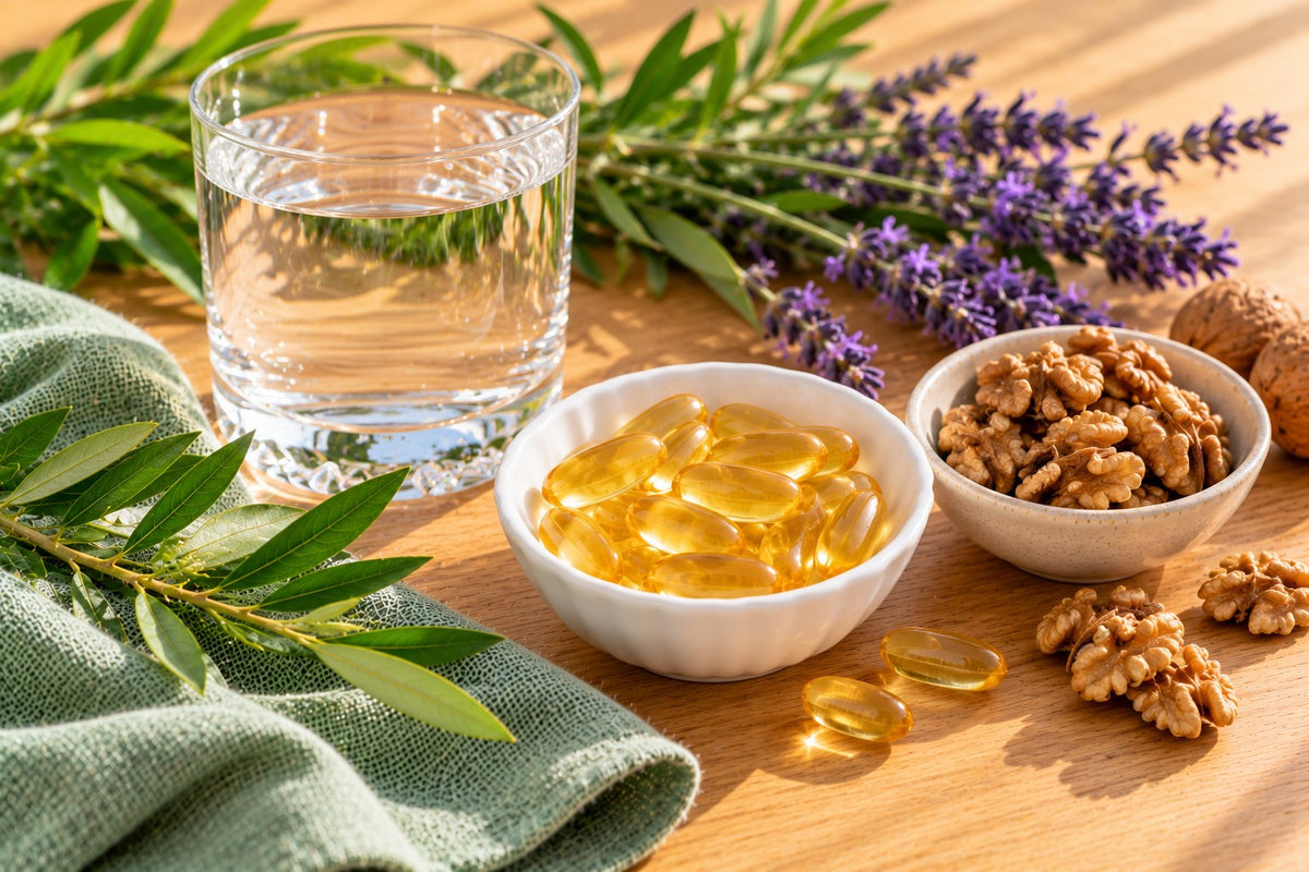 A calm scene with a glass of water, a small dish of fish oil softgels, walnuts and a sprig of lavender