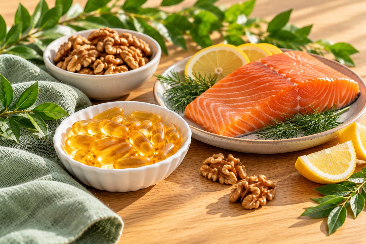 A small dish of golden fish oil softgels beside a fresh salmon fillet, walnuts and a few lemon slices