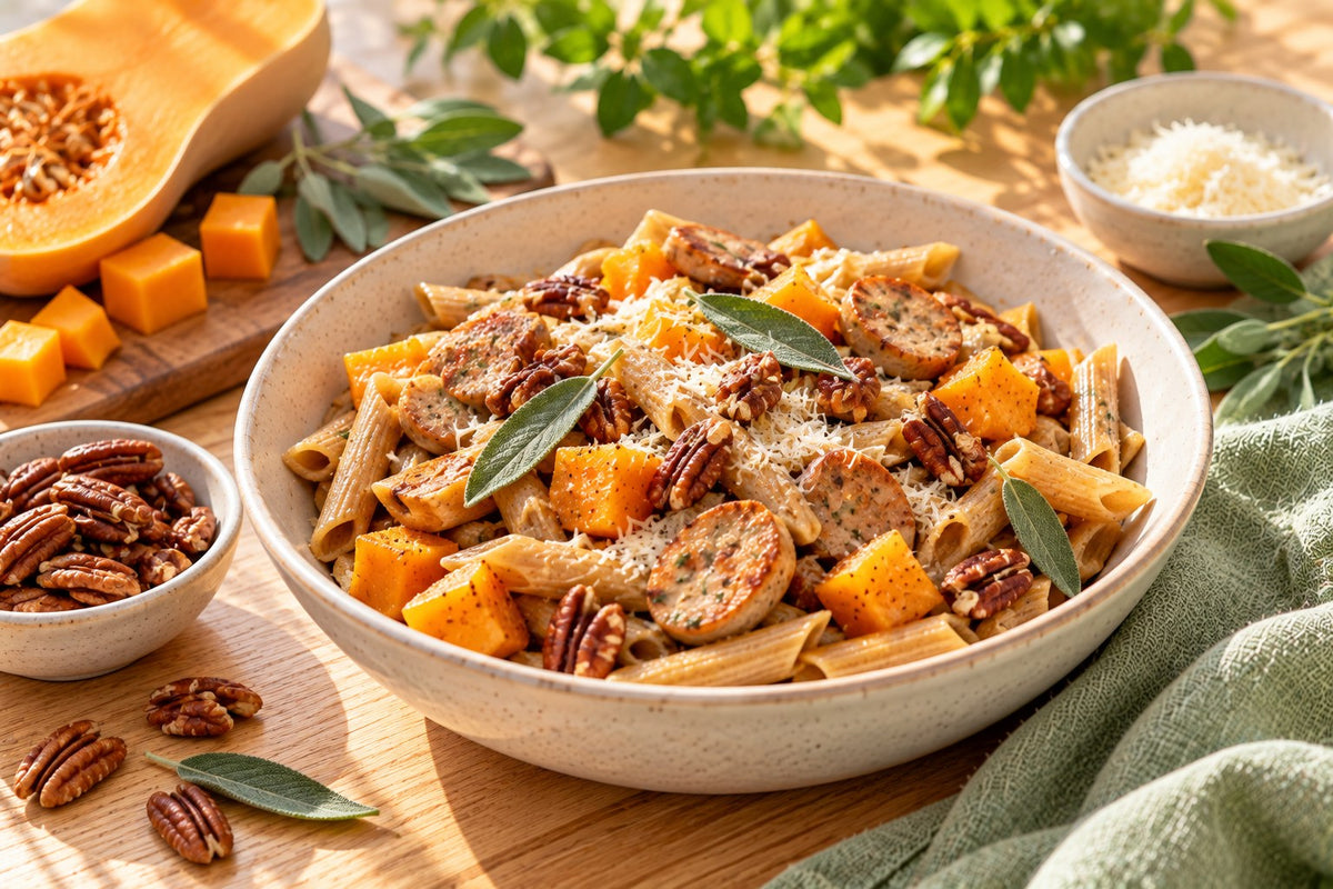 A bowl of penne with butternut squash, chicken sausage, pecans, Parmesan and sage
