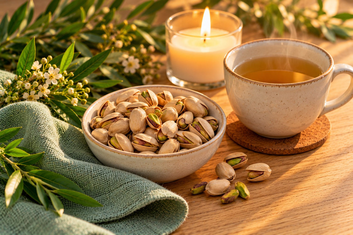 A bowl of pistachios in their shells beside a cup of warm tea, a small candle and soft evening light