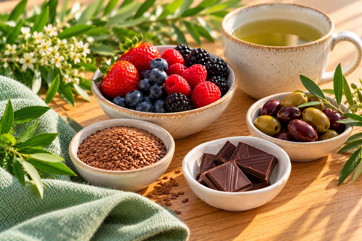 Polyphenol-rich foods: a small bowl of flaxseed, berries, olives, a cup of green tea and a square of dark chocolate