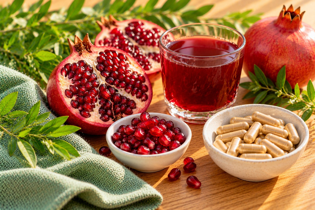 A halved pomegranate with bright red seeds, a small glass of pomegranate juice and a dish of plain capsules
