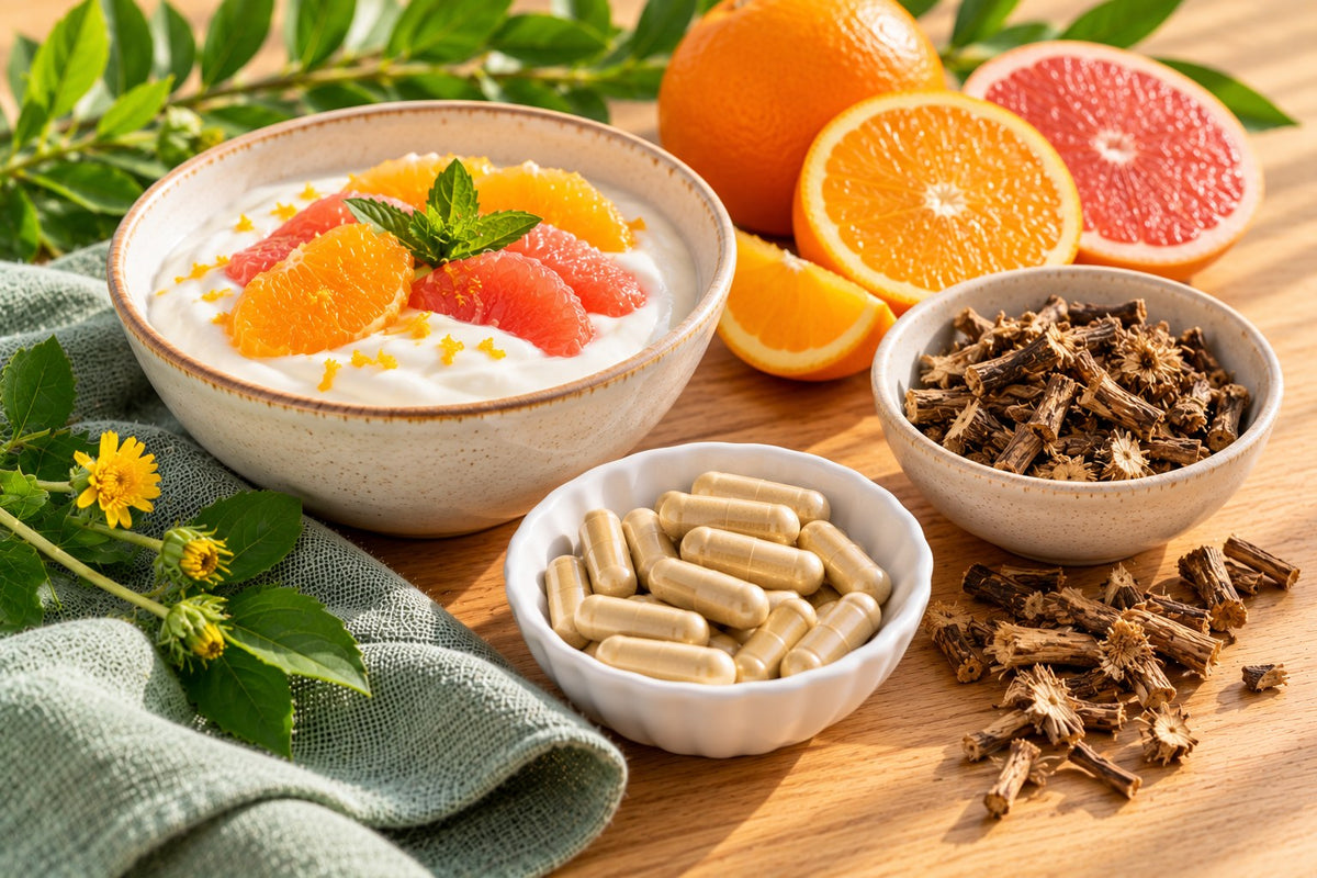 A small bowl of plain yogurt with citrus slices, dried dandelion root and a dish of plain capsules