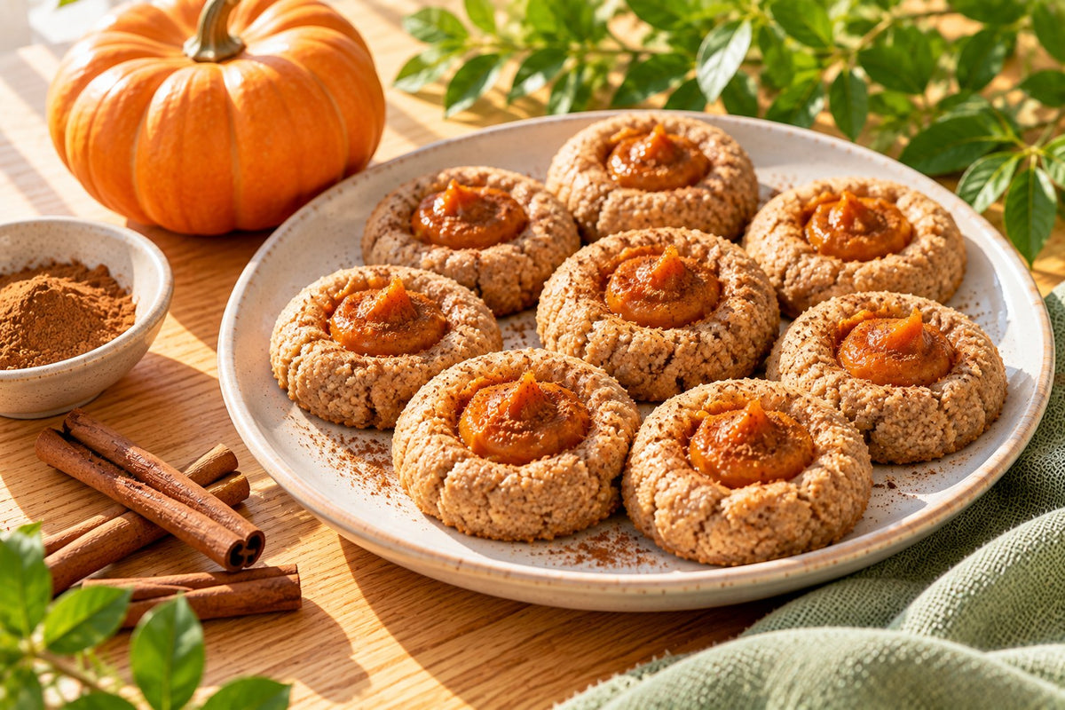 A plate of pumpkin-filled thumbprint cookies with cinnamon sticks and a small pumpkin