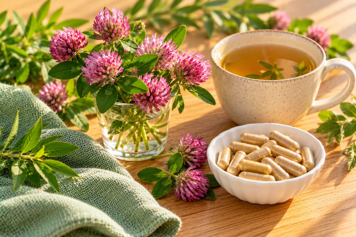 Fresh pink red clover blossoms in a small glass, a cup of herbal tea and a dish of plain capsules