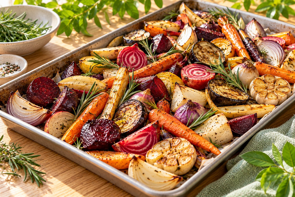 A sheet pan of roasted beets, carrots, parsnips, turnips, eggplant, onion and rosemary