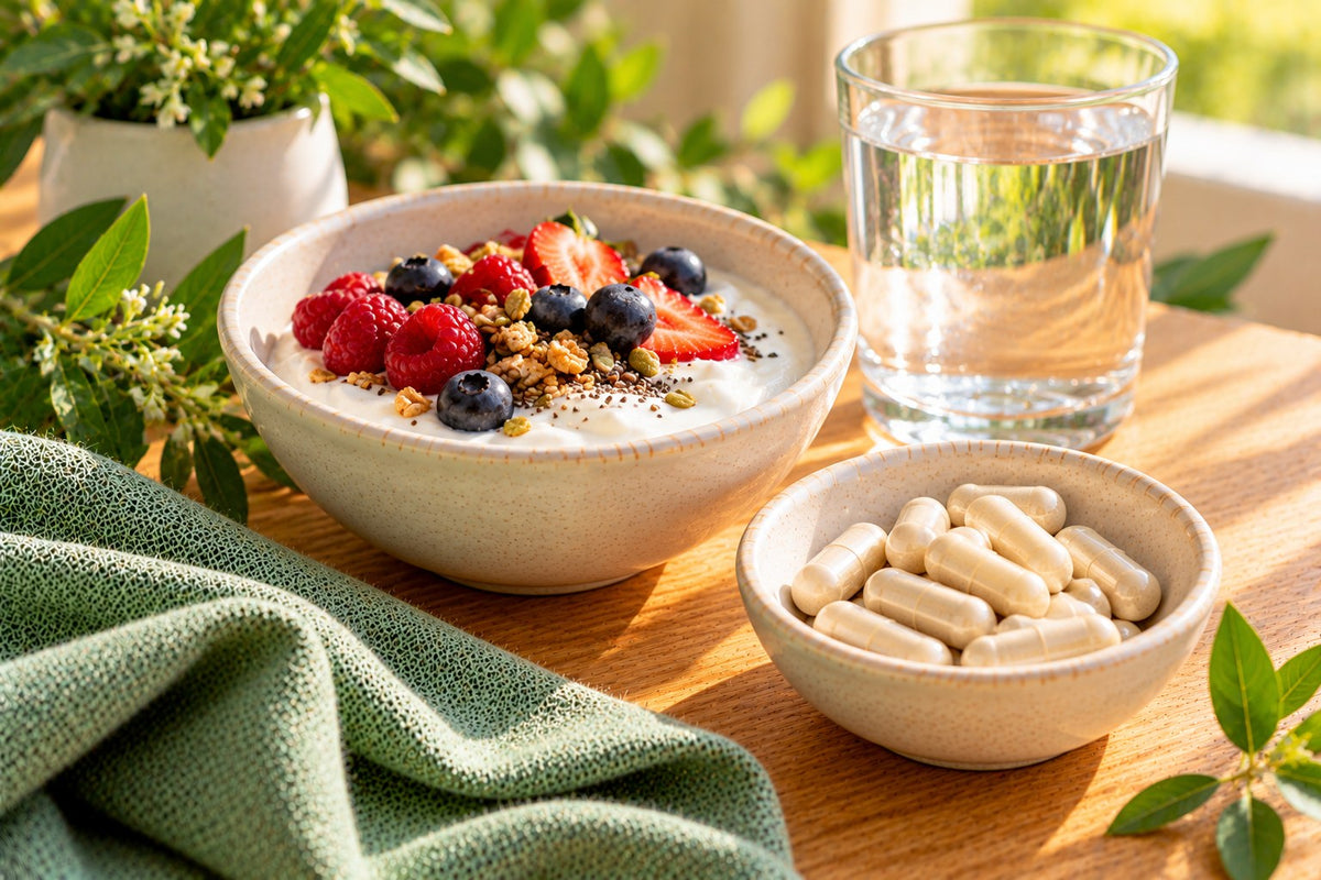 A small dish of plain probiotic capsules beside a bowl of yogurt and a glass of water