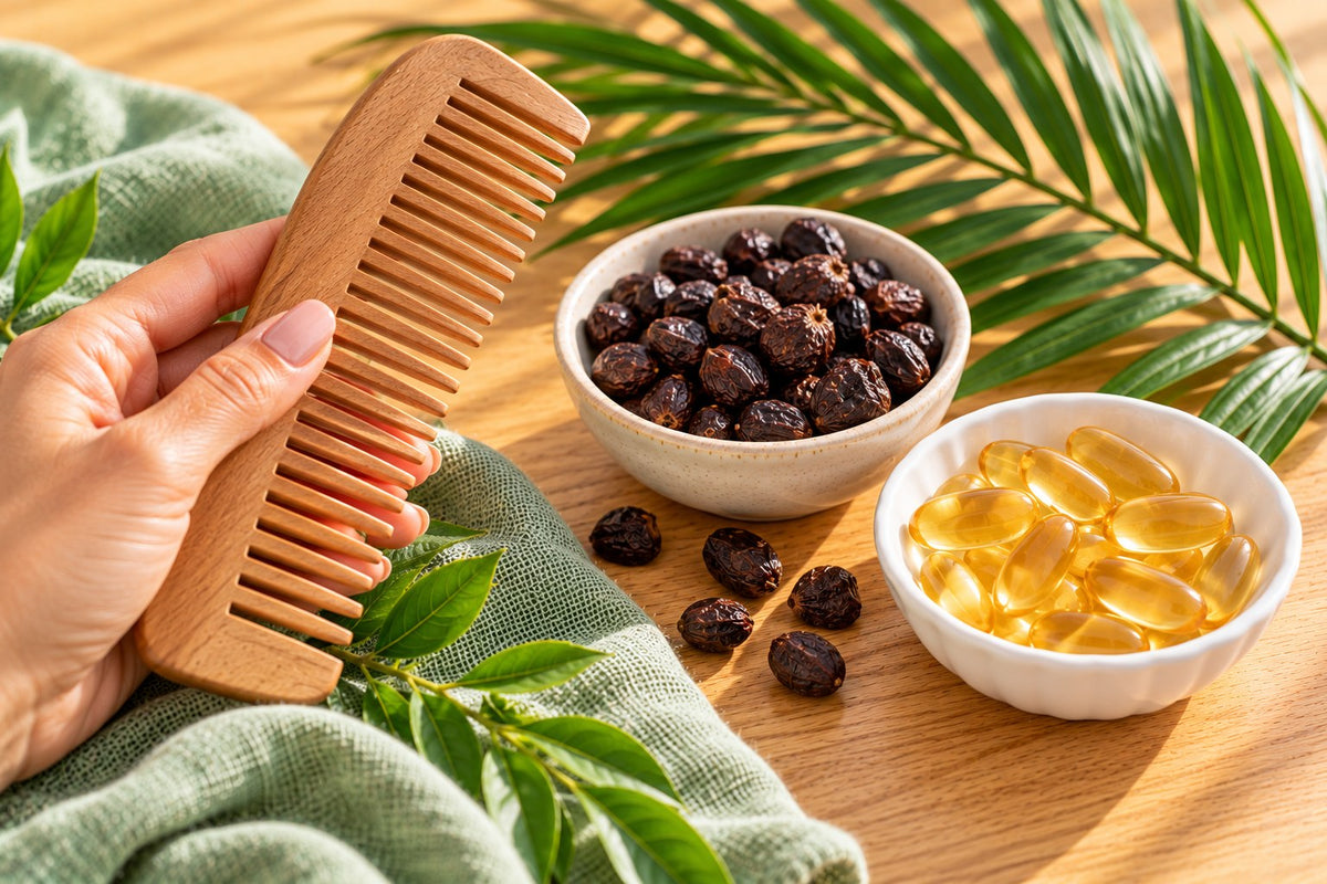 A woman's hand holding a wooden comb beside a small bowl of dried saw palmetto berries and a dish of plain softgels