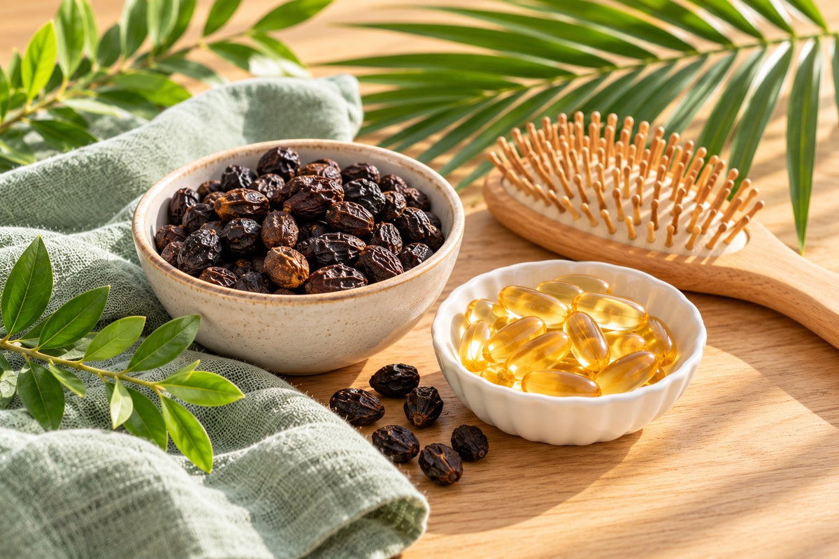 A small bowl of dried dark saw palmetto berries beside a dish of plain softgels, a wooden hairbrush and a sprig of palm frond
