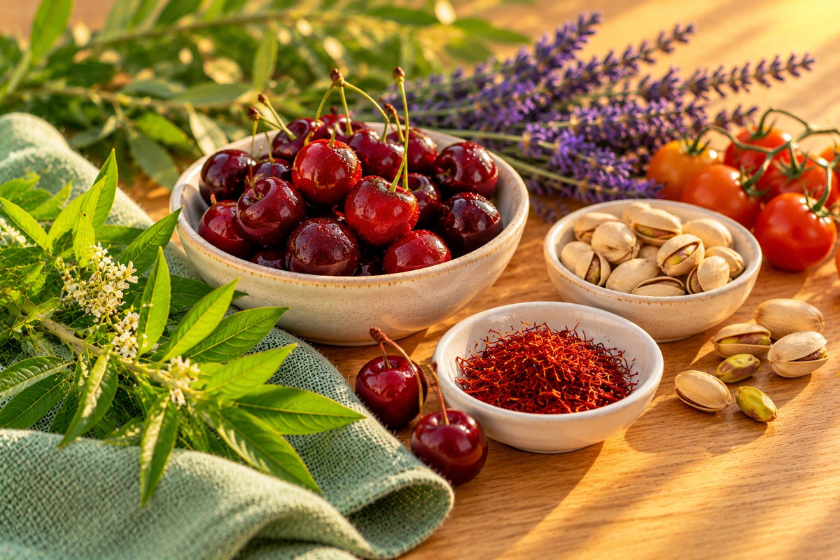 Tart cherries, a sprig of lavender, saffron threads, lemon verbena leaves, a few small tomatoes and pistachios arranged on a table in soft evening light