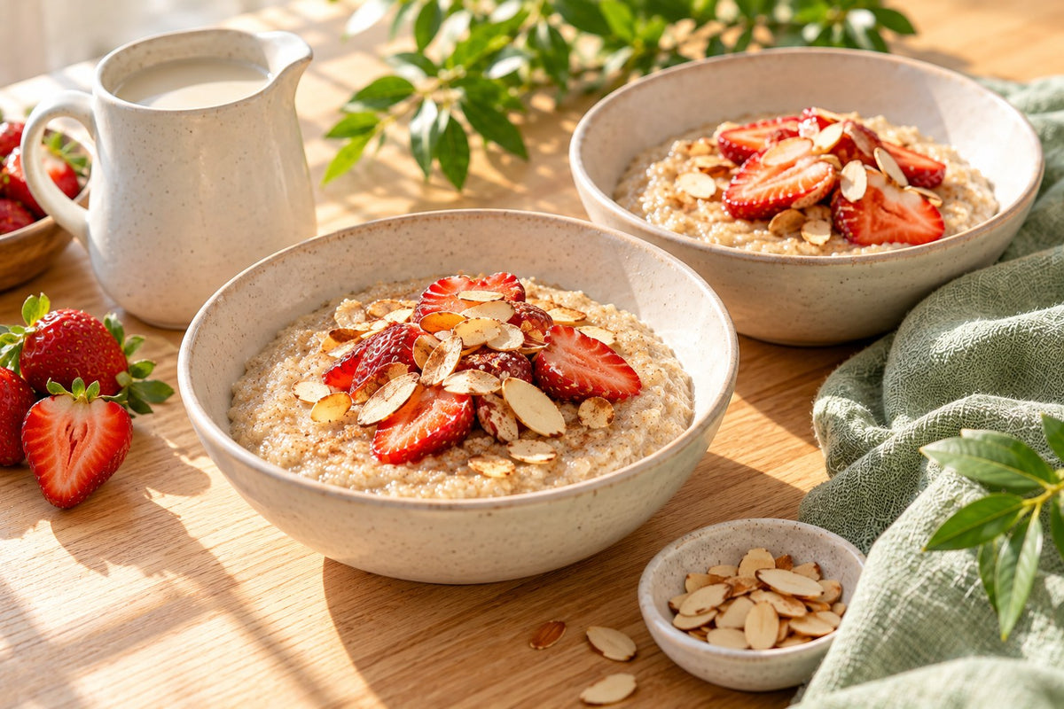 Two bowls of amaranth porridge topped with sliced strawberries and almonds
