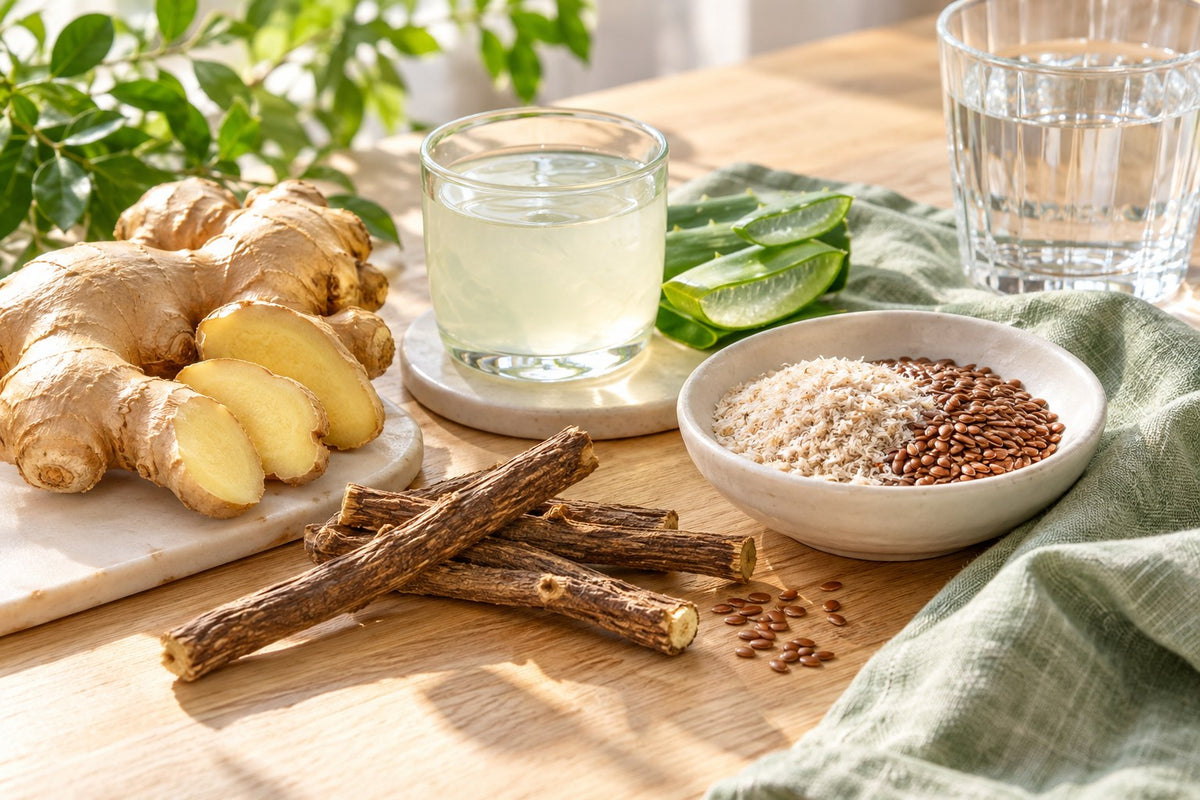 Fresh ginger, aloe juice, licorice root sticks and a bowl of psyllium and flaxseed