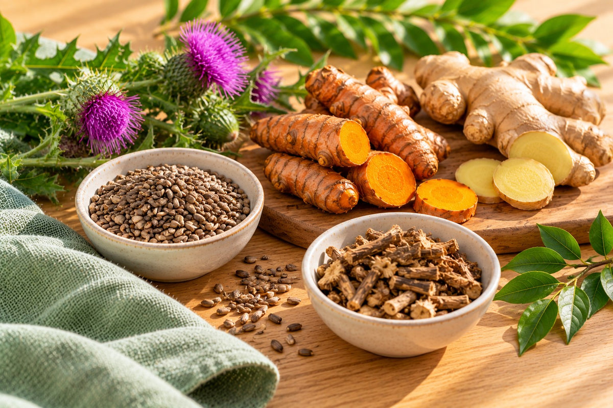 Milk thistle flowers and seeds, dried dandelion root, fresh turmeric and ginger roots on a wooden board