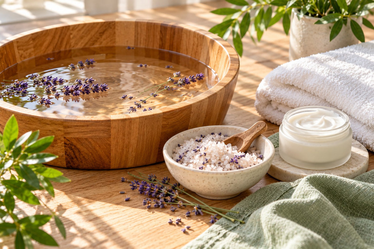 A wooden foot basin with lavender, a bowl of bath salts, a jar of cream and a white towel