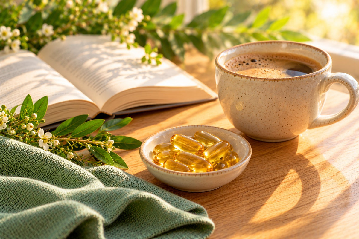 Morning sunlight over a small dish of plain vitamin D softgels, a cup of coffee and an open book