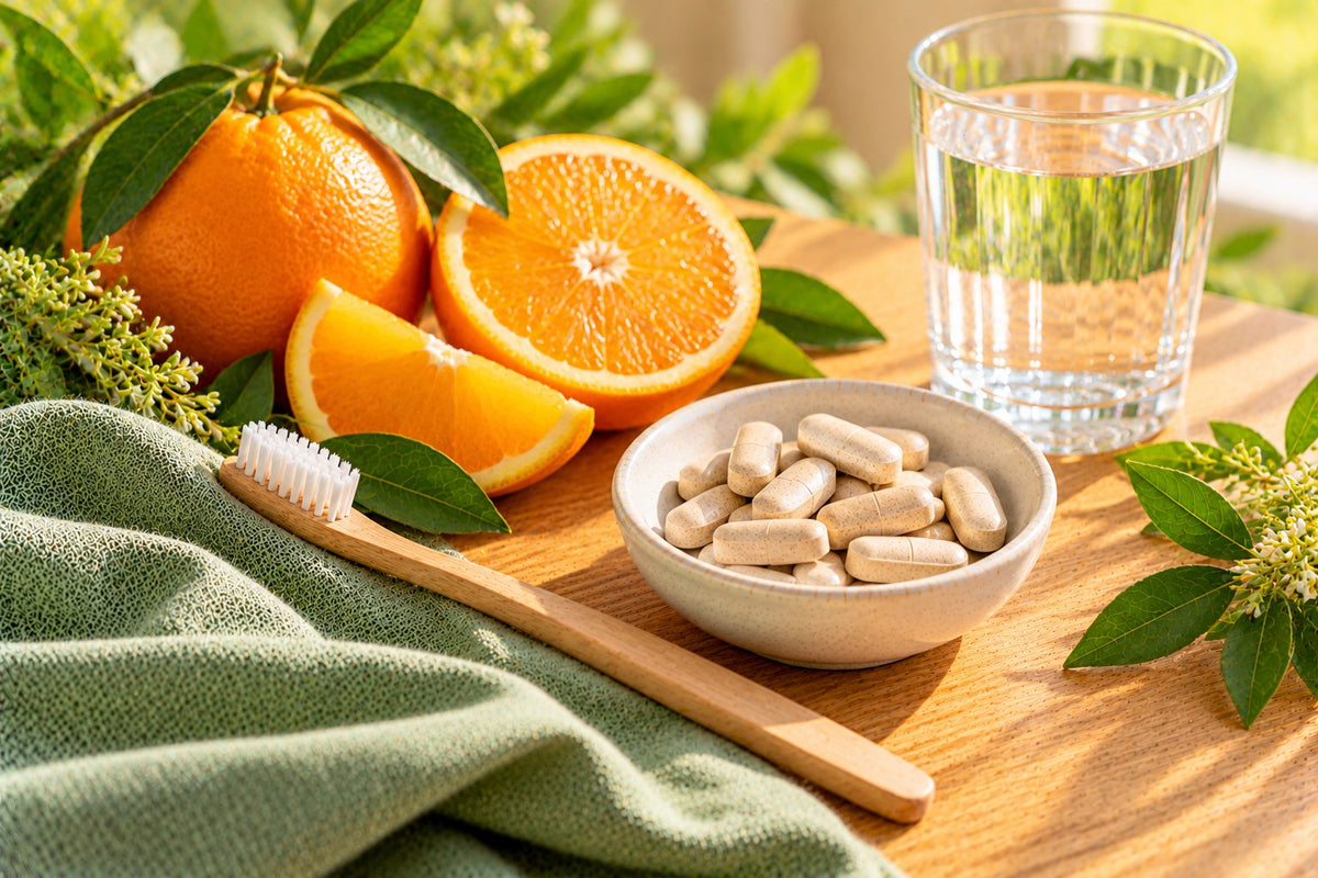 A wooden toothbrush beside orange slices, a small dish of plain tablets and a glass of water