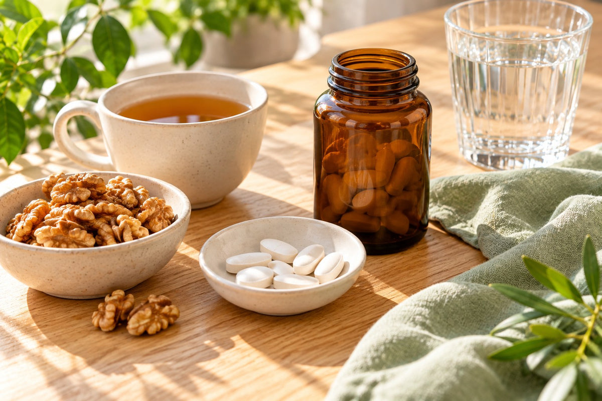 White tablets in a dish beside an amber bottle, a cup of tea and a bowl of walnuts